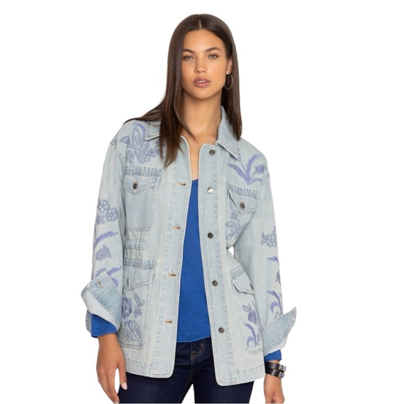NWT Johnny Was Size Medium Myra Cargo Denim Jacket Cotton Floral
